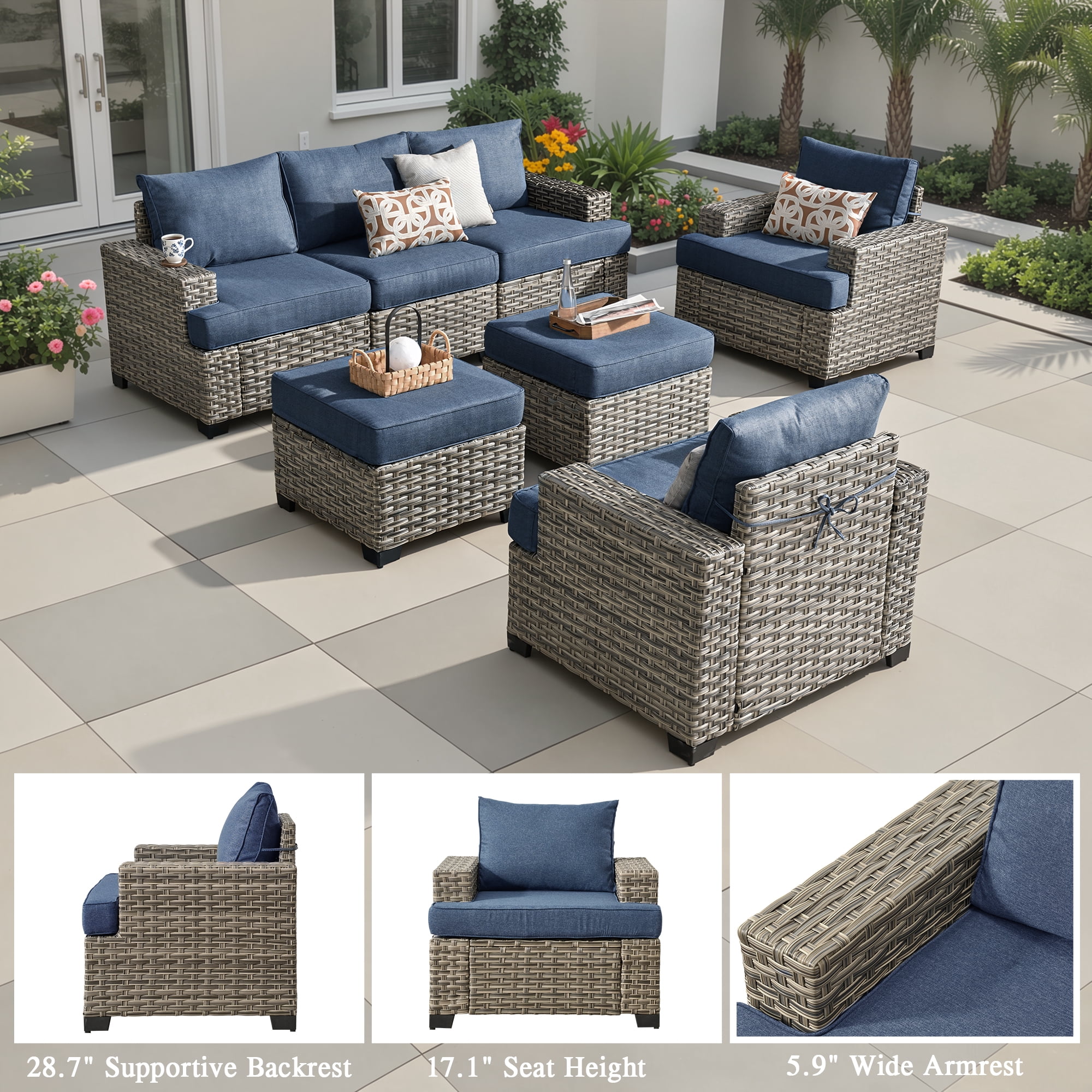 Ovios 7 Pieces Outdoor Patio Furniture Set All-Weather Rattan Wicker Sectional Sofa and Chairs with Ottomans, Denim Blue