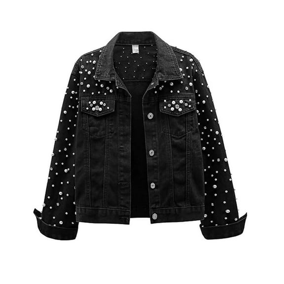 Uaswgudfs Women's Pearl Rhinestone Denim Jacket, Cropped Long Sleeve Jean Coat, Nylon Spandex Blend Embellished Casual Outerwear for Women Black L