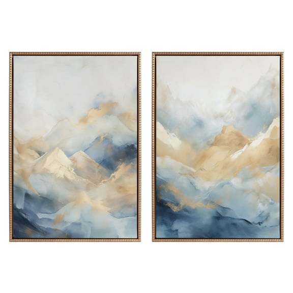 Kate and Laurel Sylvie Beaded Blue Mountains I and II Vintage Framed Canvas Wall Art Set by Amy Lighthall, 2 Piece Set 23x33 Gold, Abstract Watercolor Art for Wall