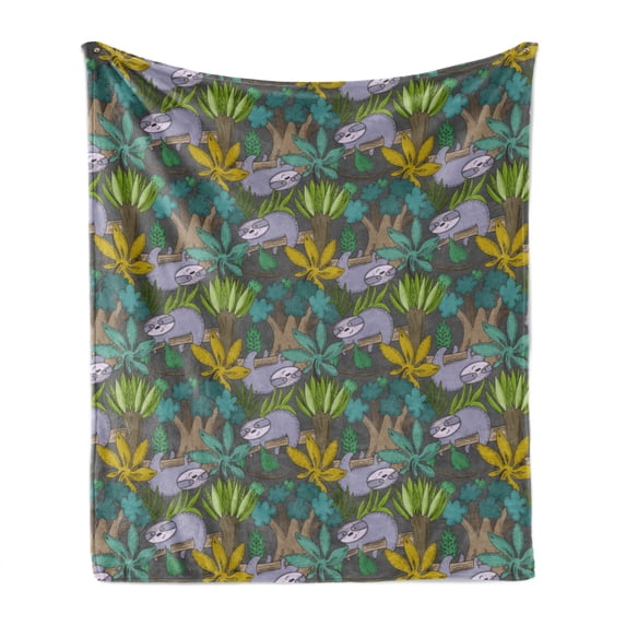 Funny Sloth Soft Flannel Fleece Throw Blanket, Cartoon Pattern of Smiling Lazy Animal Jungle Plants Leaves Trees, Cozy Plush for Indoor and Outdoor Use, 70" x 90", Grey and Multicolor, by Ambesonne