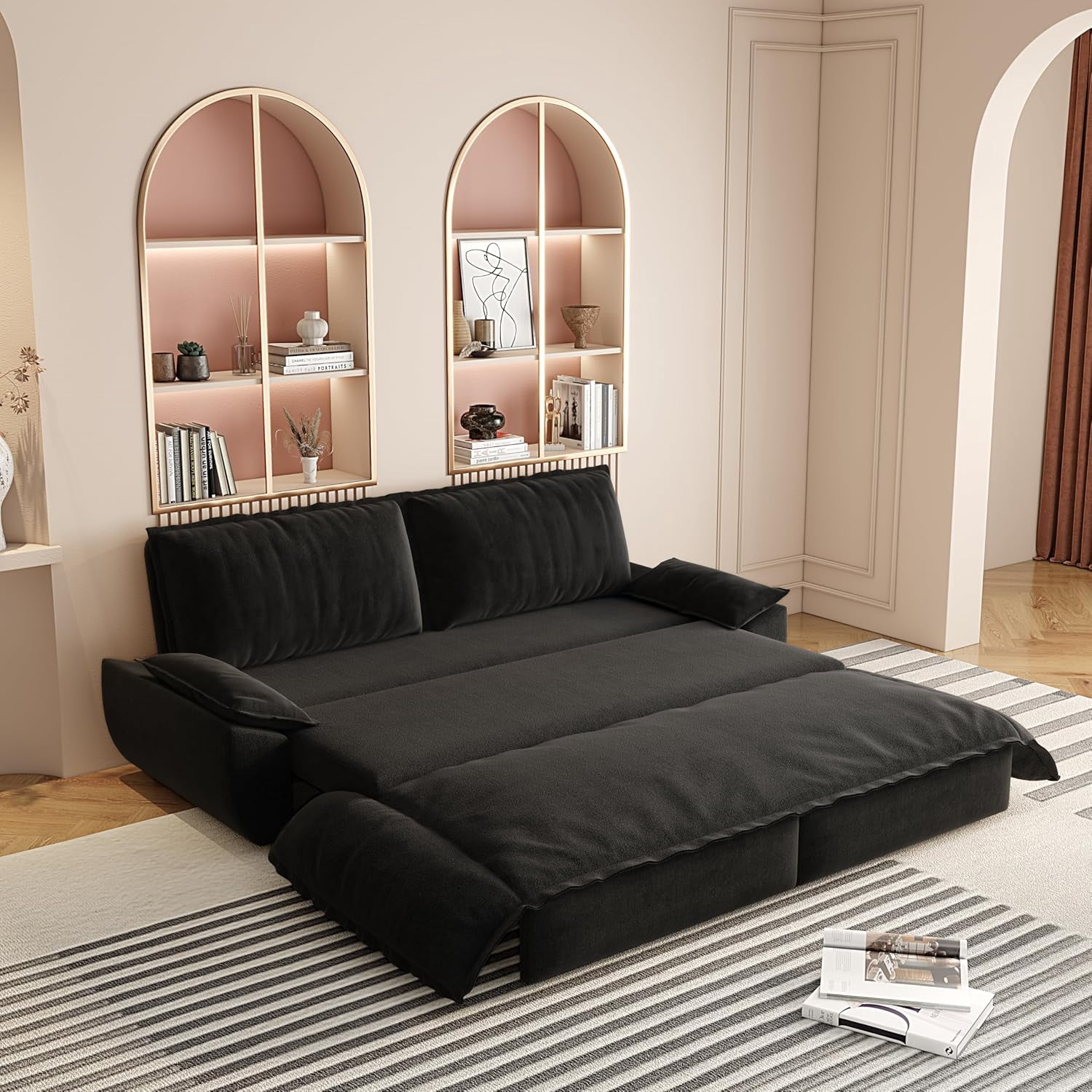 73.2" Futon Sofa Bed Queen Size, Pull Out Bed, 3-in-1 Convertible Sleeper Sofa with 2 Soft Pillows, Modern Velvet Futon Couch for Living Room, Small Space, Apartment, Bedroom, Black