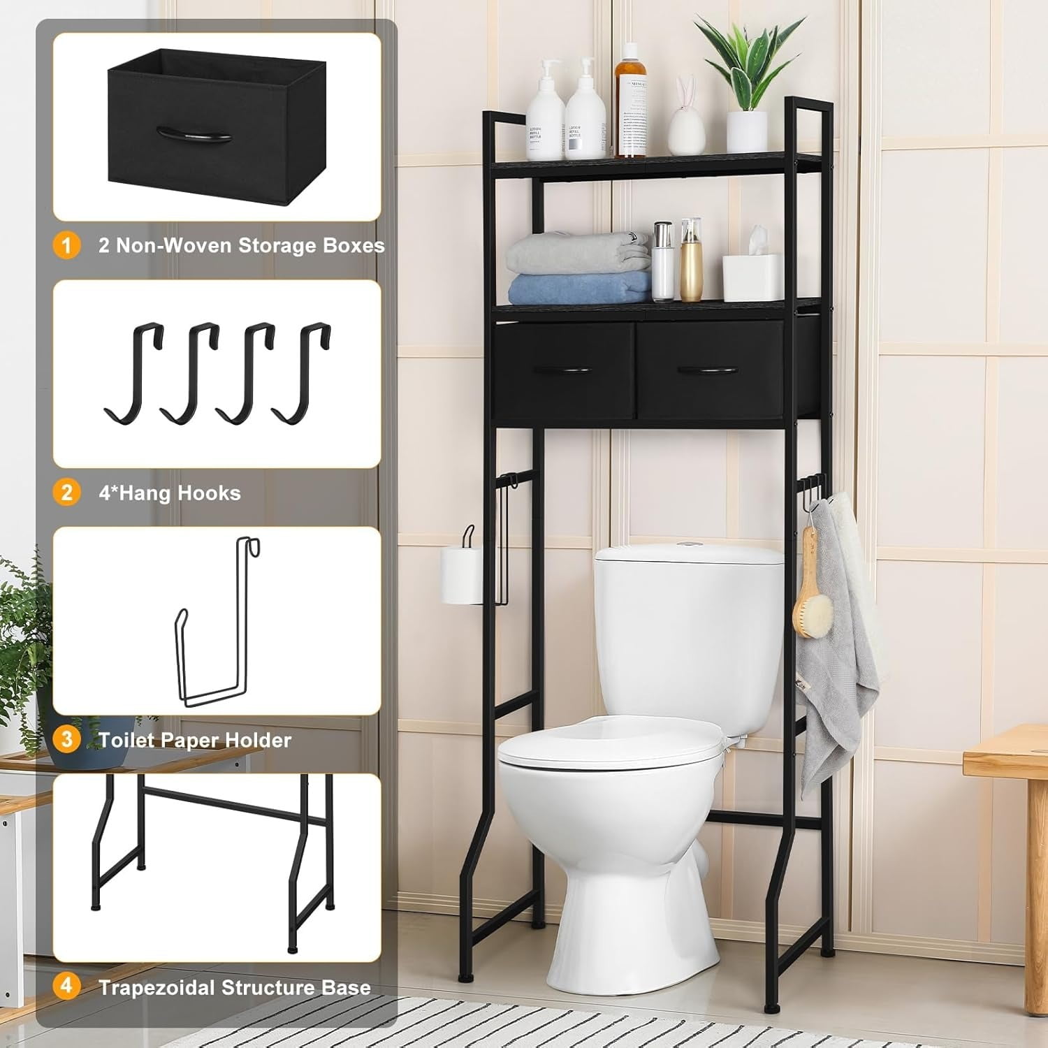 3-Tier Over Toilet Shelf with Storage Baskets,Over The Toilet Storage Cabinet, 3-Tier Bathroom Organizer with Fabric Drawers & Hooks, Freestanding Shelf for Bathroom and Laundry Room