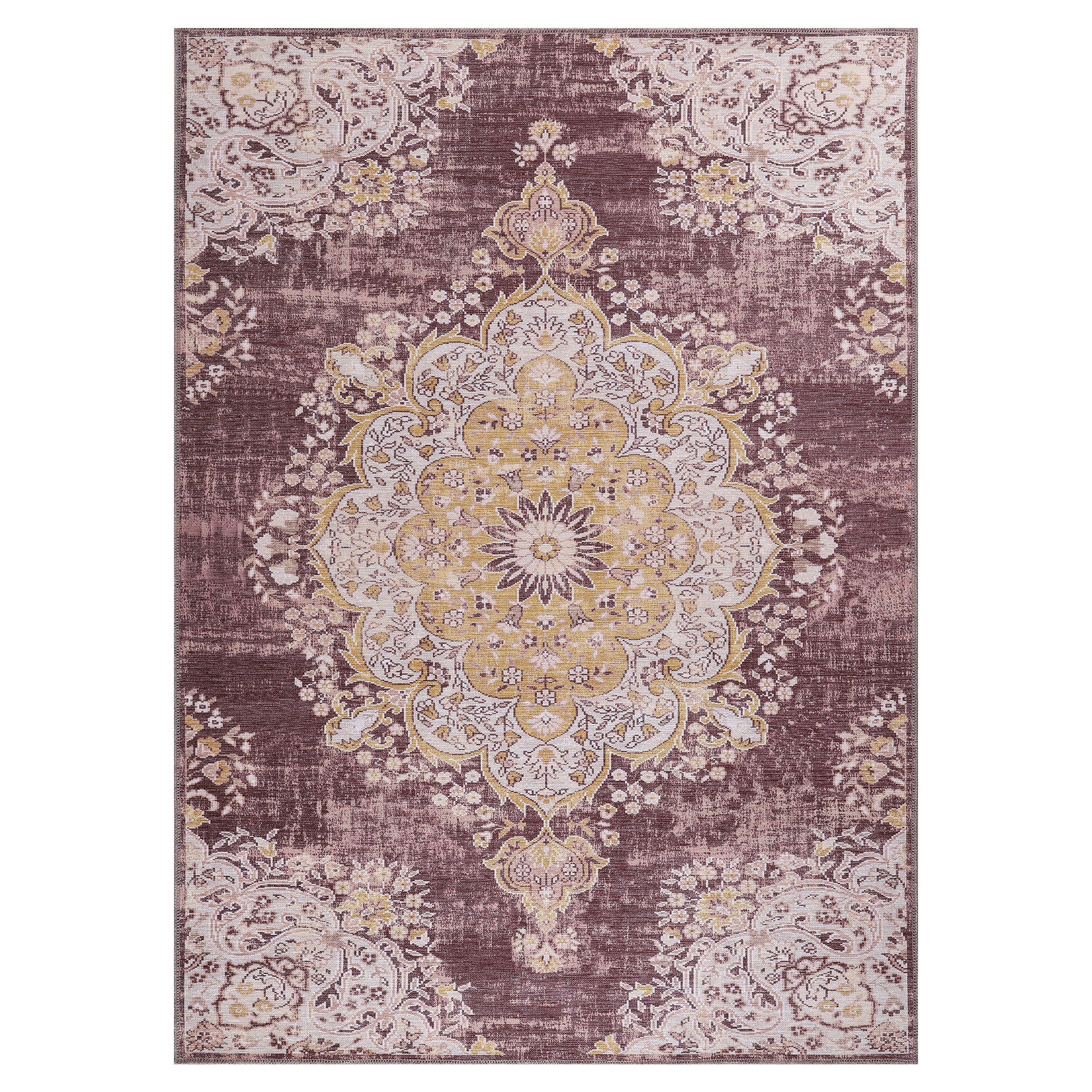 CAMILSON Machine Washable Rug, Distressed Vintage Area Rugs, Stain and Water Resistant, Traditional Bohemian Indoor Carpet (2x3, Yellow)
