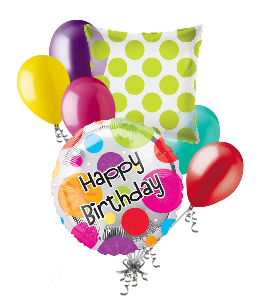 7 pc Happy Birthday Colorful Dots Balloon Bouquet Party Decoration Pink