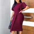 thumbnail image 2 of safuny Women's Plus Size Slim Knee Length Pencil Dress Solid Color Holiday Elegant Cocktail Wedding Evening Party Ruffle Sleeve Trendy Dresses Crew Neck Wine L, 2 of 6
