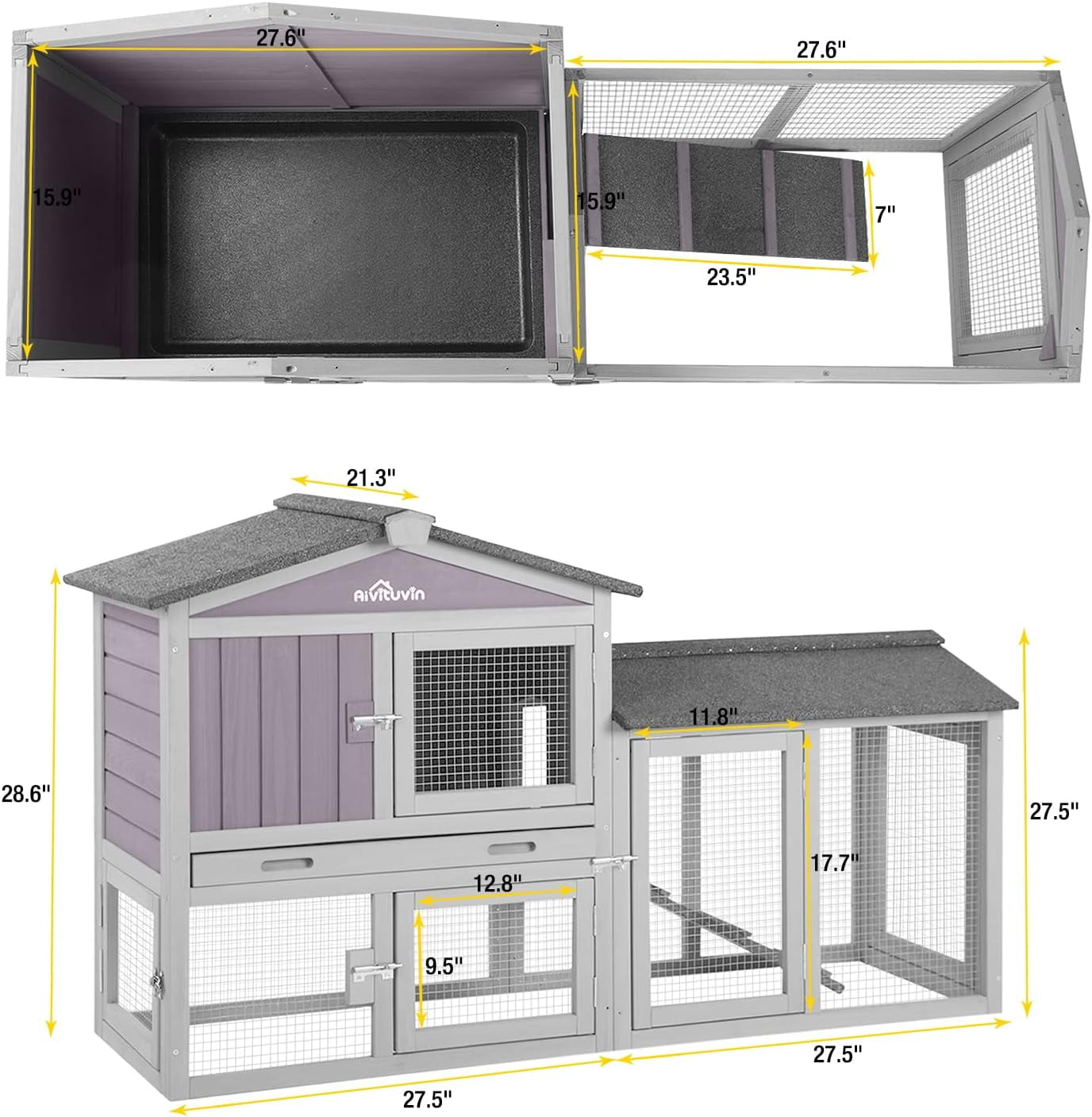 Aivituvin Chicken Coop for 2 Chickens, Wooden Duck House Outdoor Hen House Poultry Quail Cage-Expandable Design Rabbit Hutch No Leak Plastic Tray Bunny Cage Indoor
