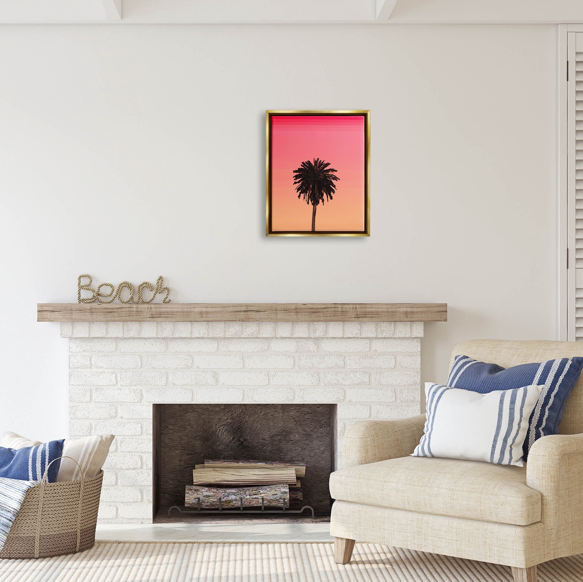 Stupell Industries Vivid Red Sky Palm Tree Silhouette Coastal Painting Gold Floater Framed Art Print Wall Art