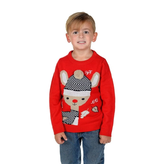 RWB Children's Bambi with 3D Pom Pom Hat Christmas Sweater Red