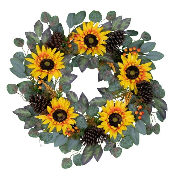 Sympathy Silks Sunflower and Pinecone Grapevine Wreath with Door Hanger