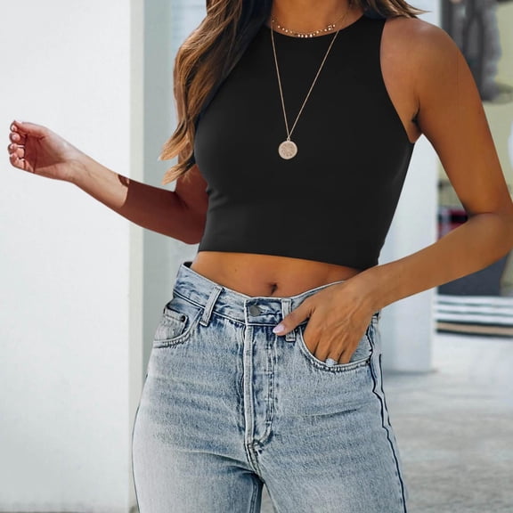 Conairie Crop Tank Tops For Women Scoop Neck Sleeveless Stretchy Ribbed Knit Basic Blouses Solid Color Summer Casual Tee Black L