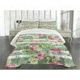thumbnail image 3 of Ambesonne Flamingo Quilted Bedspread Set 3 Pcs, Exotic Hawaiian Leaf, King Size, Green Pink White, 3 of 5
