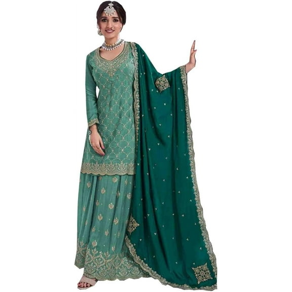 Pakistani Eid Special Sharara Suits Indian Designer sewn Salwar Kameez Dress ( Teal Green, XXS - 34 )