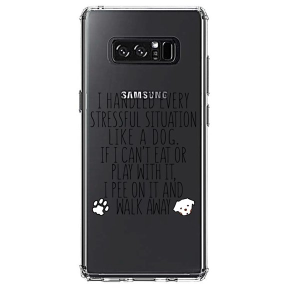 DistinctInk Clear Shockproof Hybrid Case for Samsung Galaxy Note 8 - TPU Bumper Acrylic Back Tempered Glass Screen Protector - Can't Eat or Play, Pee and Walk Away - Dog Lover