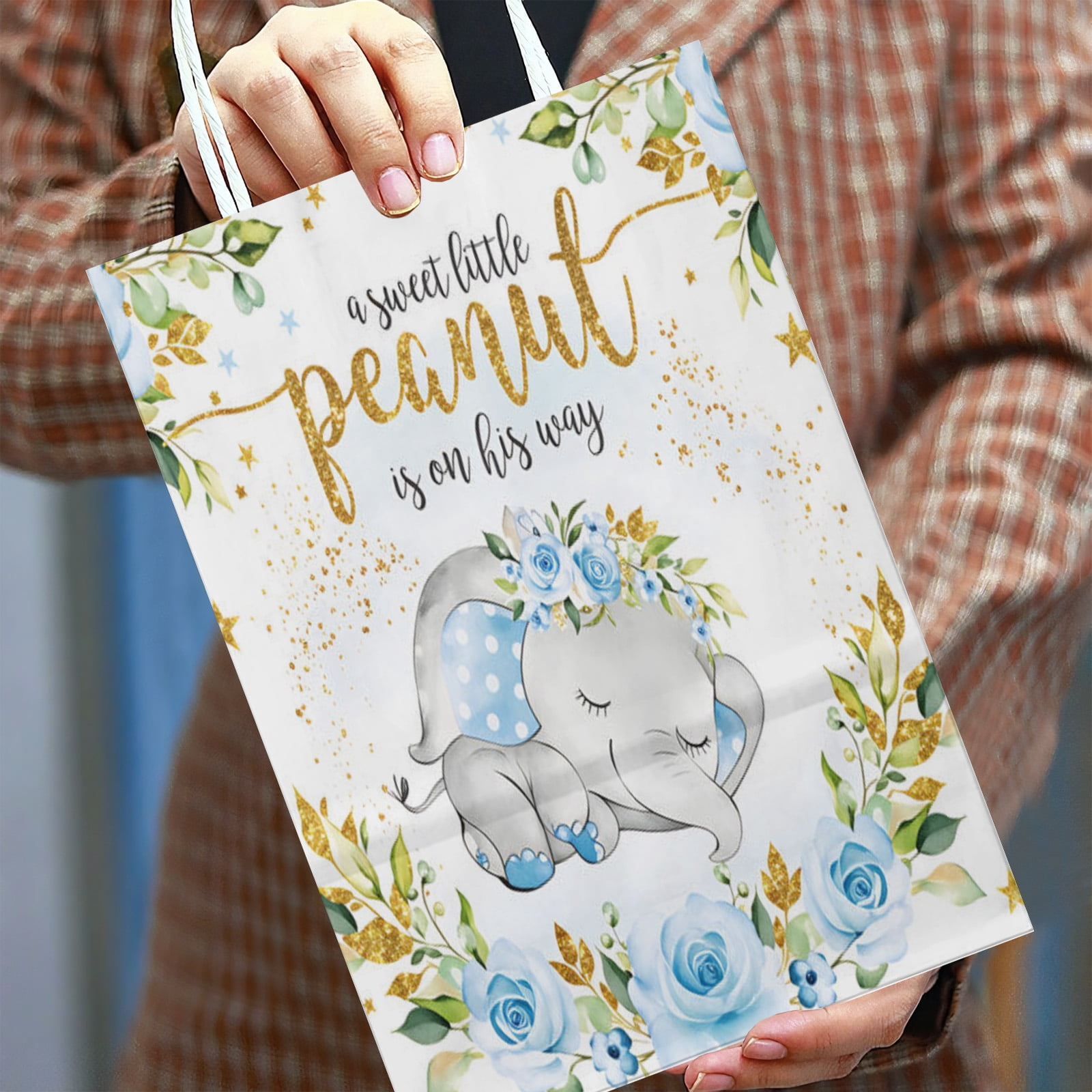20Pcs Elephant Baby Shower Party Favor Bags, Blue Floral Sweet Little Peanut is on His Way Cute Elephant Party Supplies