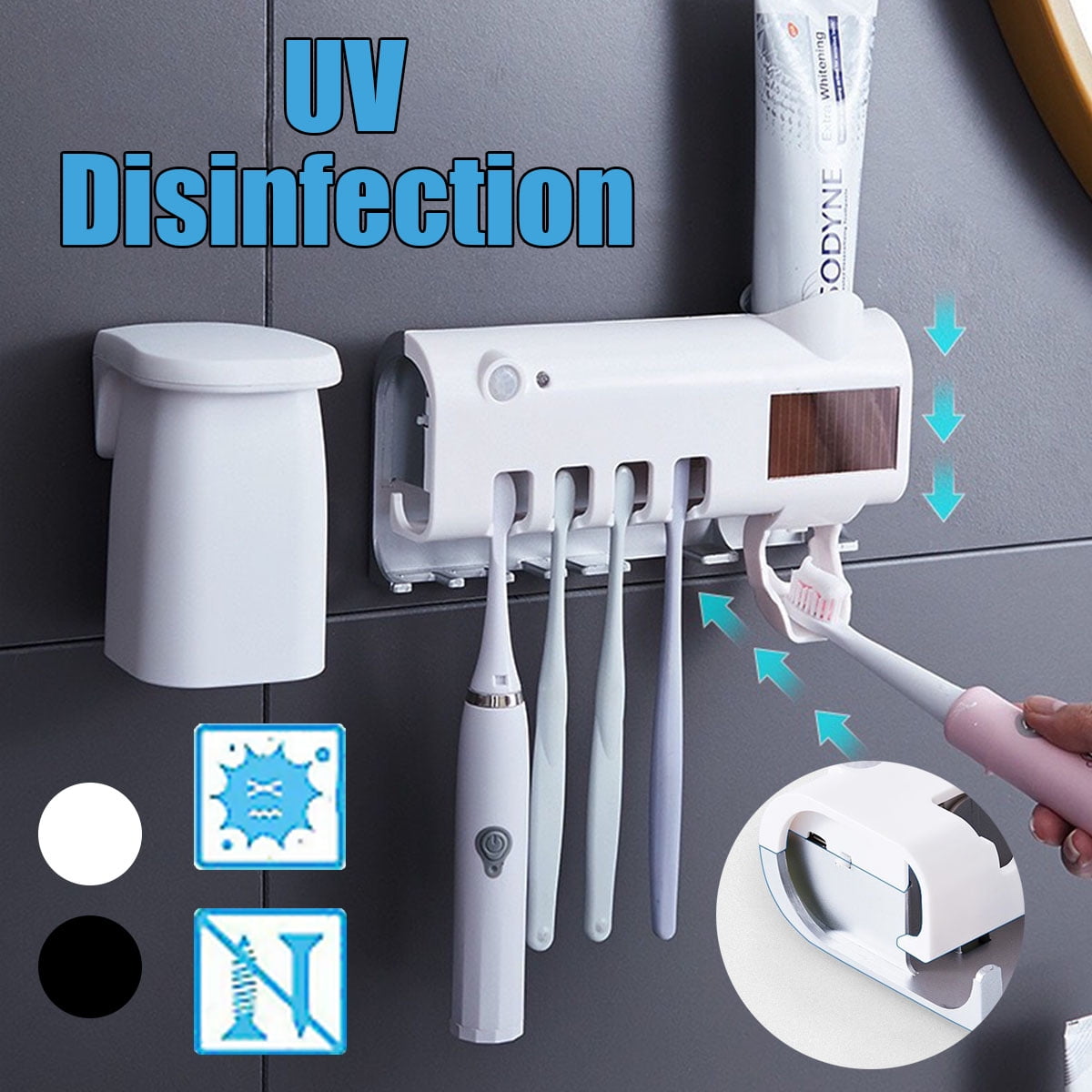 UV Light Sterilizer Toothbrush Holder Automatic Toothpaste Cleaner Dispenser 