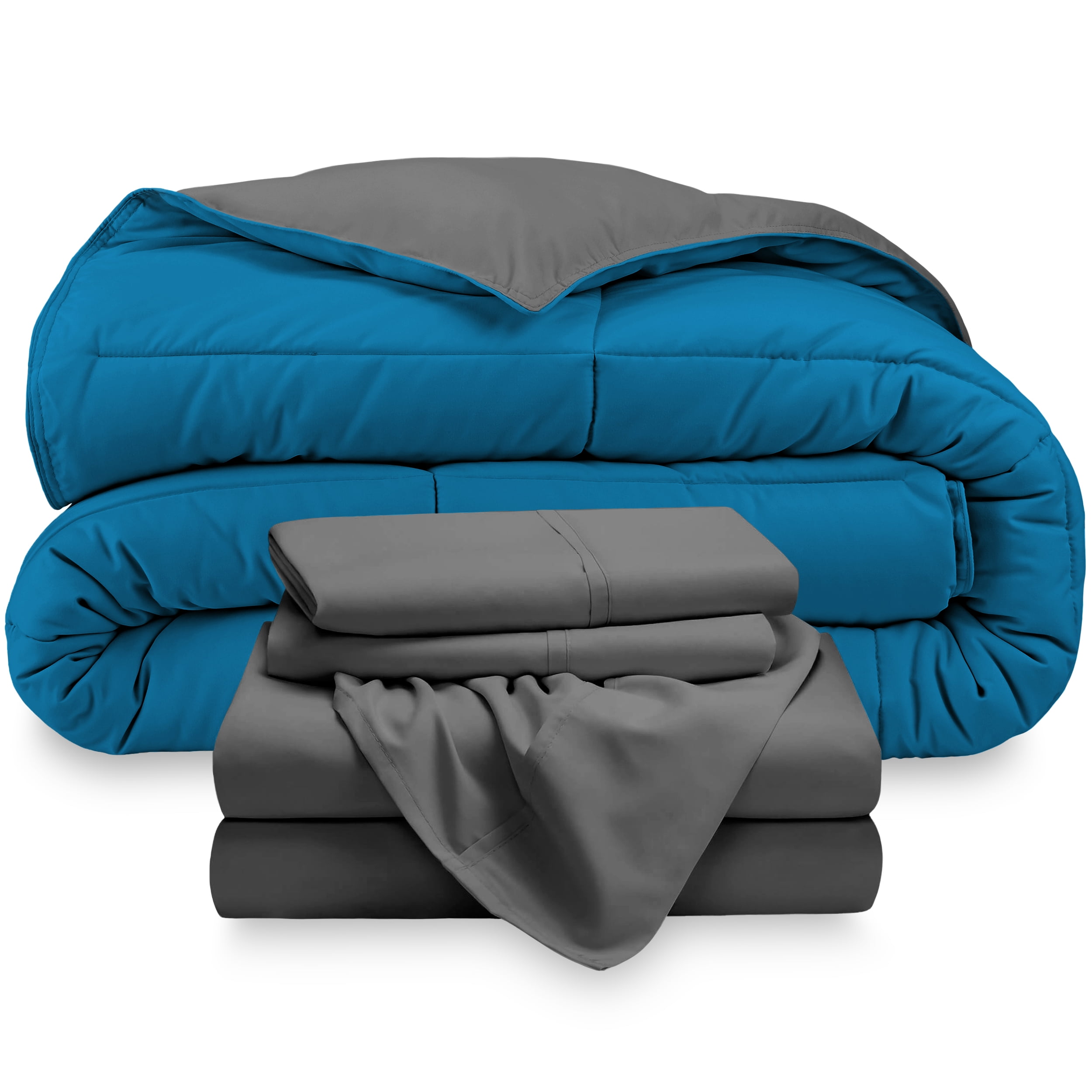 Bare Home Microfiber 4-Piece Medium Blue/Gray Comforter, Gray Sheet Set Reversible Bed in a Bag, Twin XL