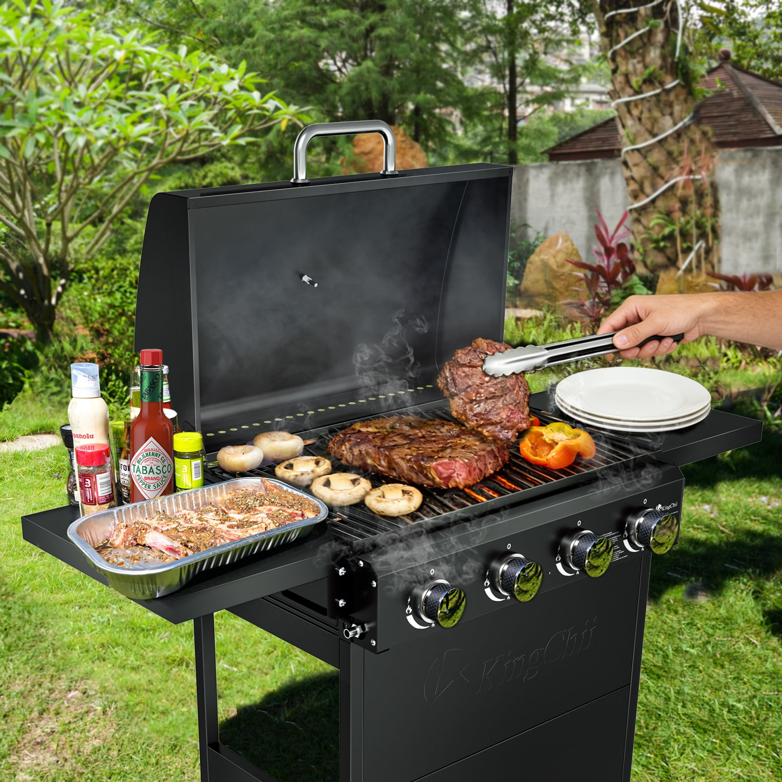 4-Burner Propane Grill Smoker, Kingchii 38,000 BTUs Gas Grill with Foldable Side Tables, Built-in Thermometer for Outdoor Grilling, BBQs and Camping
