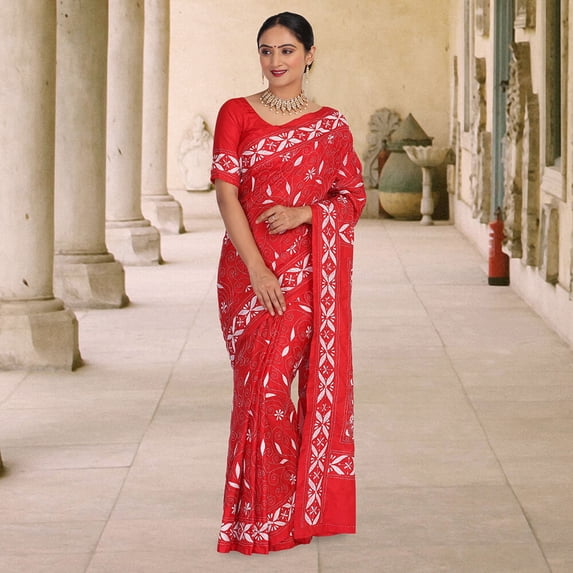 Hand embroidered kantha work sari - red Size: XXS, Color: Red