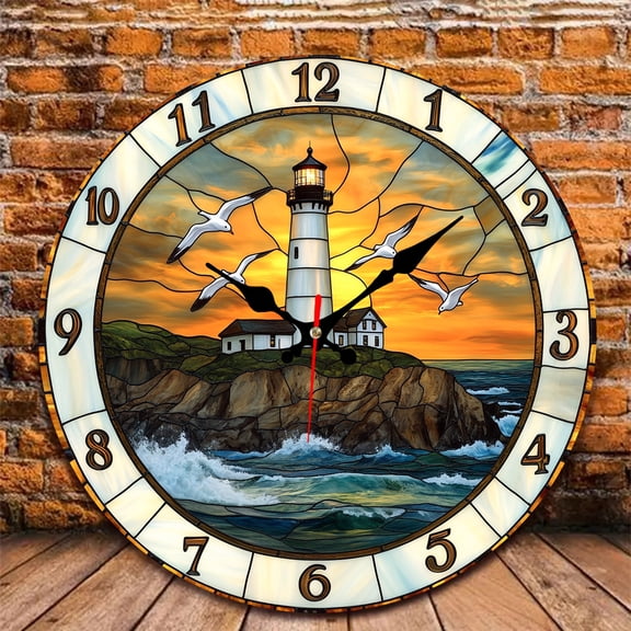 12 Inch Wall Clock, Lighthouse Clock Wooden Round Wall Clocks with Silent Non-Ticking Quartz Movement, Battery Operated, Art Decor Hanging Clock for Kitchen, Bathroom, Bedroom, Living Room