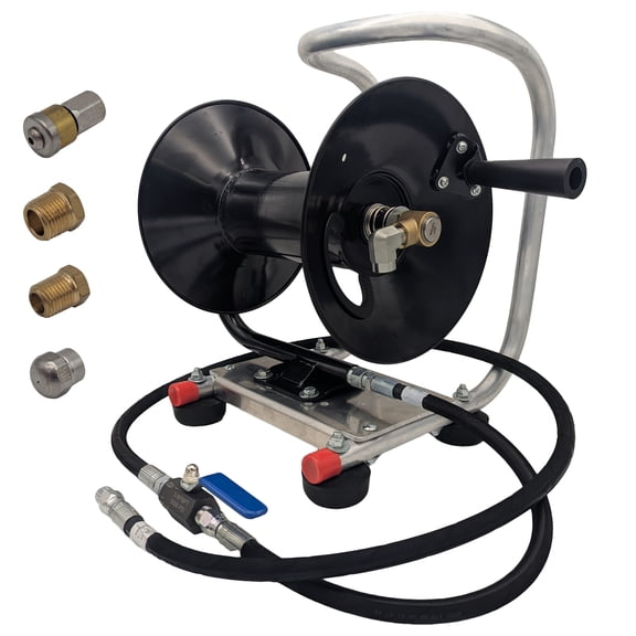Ultimate Washer Sewer Jetter Hose Reel Kit for 200 FT of 1/8” Jetter Hose, 4000 PSI, 4.5 Size Nozzles