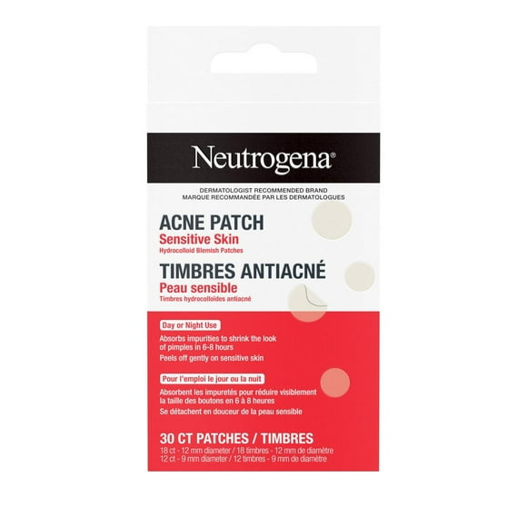 Neutrogena Acne Patches for Sensitive Skin Variety Pack, Hydrocolloid Blemish Patches Shrink the Look of Pimples & Zits Overnight, Gentle, Non-Medicated Facial Patches, Two Sizes, 30 count