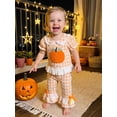 thumbnail image 6 of RUINIXCW Toddler Baby Girl Halloween Outfit Infant Baby Girl Summer Fall Clothes Cute Pumpkin Ghost Embroidery Short Sleeve Plaid Shirt Tops Flared Pants Set, 6 of 9