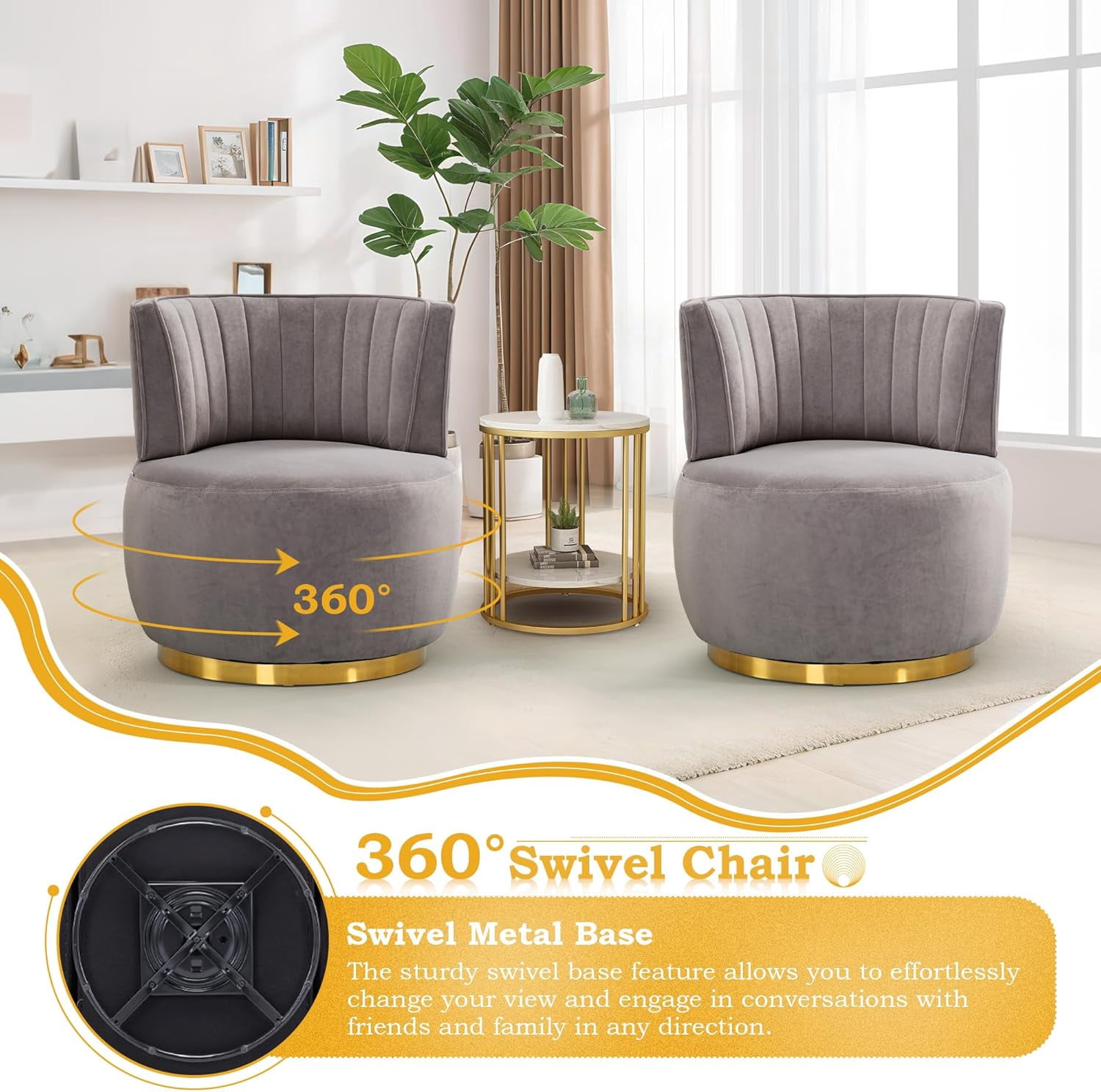 Aukfa 360-Degree Swivel Barrel Chair, Modern Velvet Round Accent Chair for Nursery and Living Room, Gray