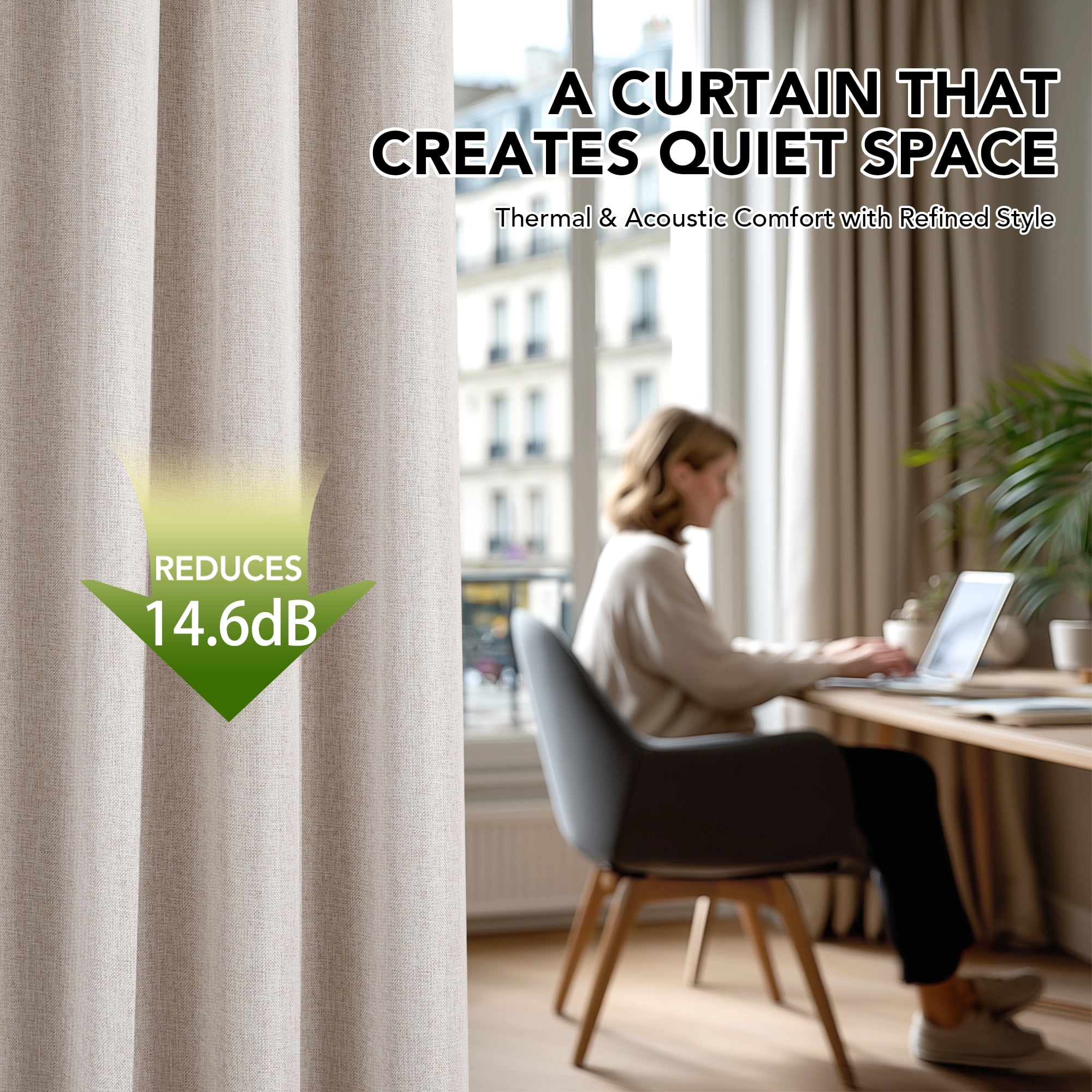 Deconovo Faux Linen 100% Blackout Curtain Panels, Thermal Insulated Back Tab, 2 Pack, Natural Linen, 52" x 84"