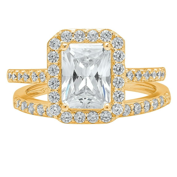 2.22 ct Emerald Cut Real Genuine Natural Diamond SI1-SI2 G-H 18K Yellow Gold Halo Engagement Wedding Bridal Set Designer Ring bW/ Set W/ Crystal side stones size 5
