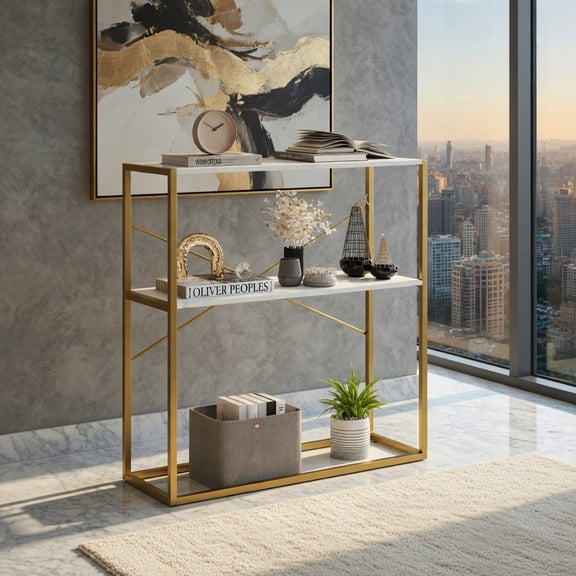 Demi Bonn 36-Inch 2-Tier Console Table, Wooden Open Shelves & Metal Frame, Anti-Tip Kits, White