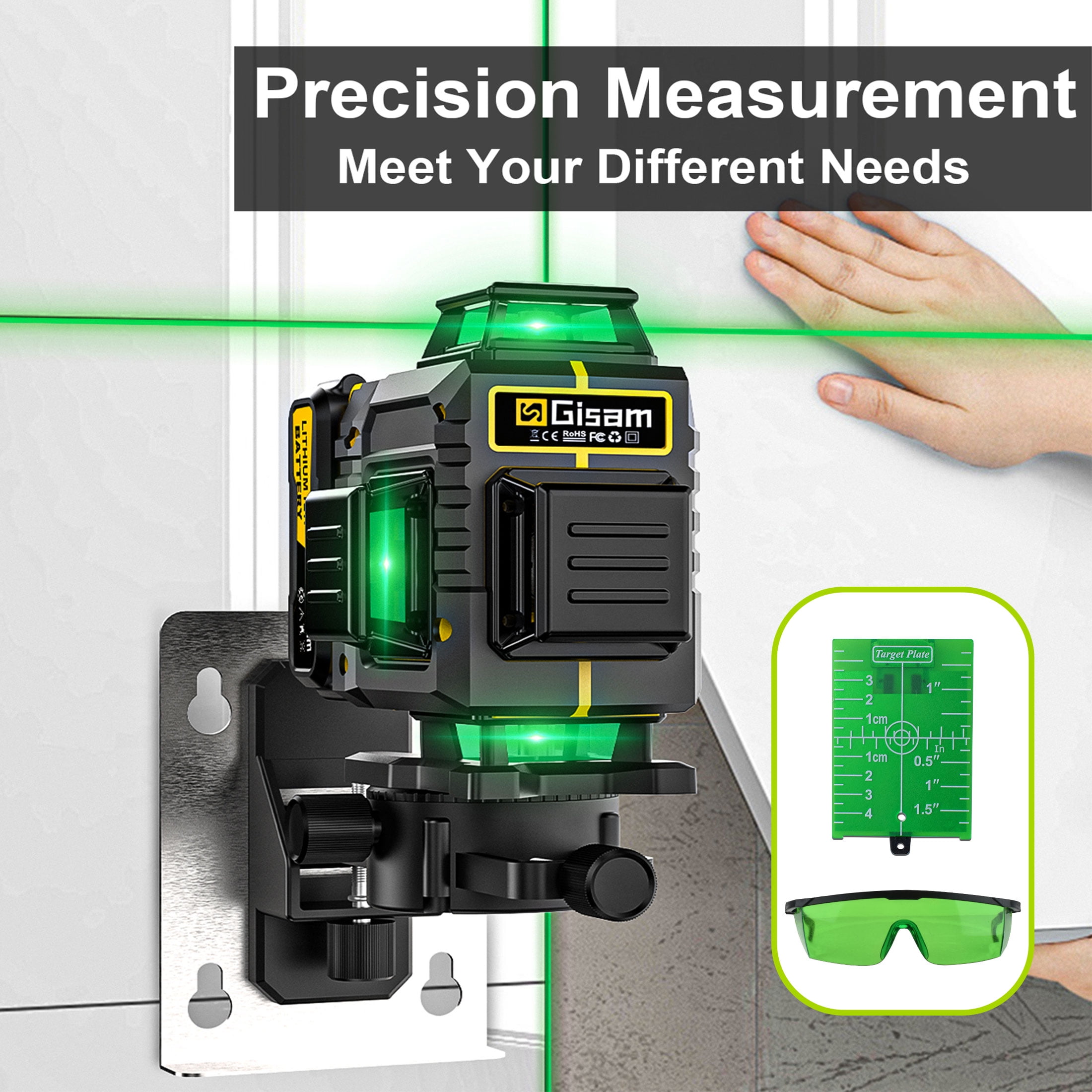 Gisam Laser Level,  4x360° Self-Leveling Green Cross Line 4D 16 Lines Laser  Metal Window Tool with Remote Control , 2* 4800mAh Battery, Magnetic & Liftable Bracket