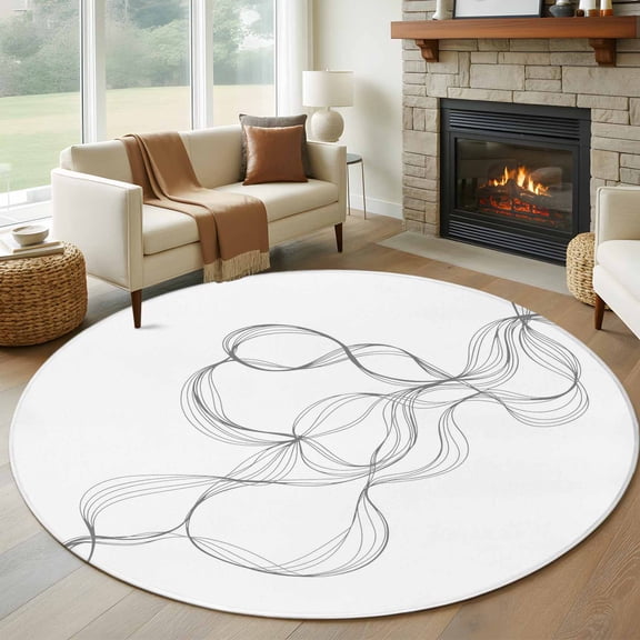 Round Area Rug 5 Ft, Modern White Washable Non-Slip Circle Carpet for Living Room/Bedroom, Minimalist Abstract Ribbon A Sketch Rt Low-Profile Runner Mats Collection Rugs for Indoor