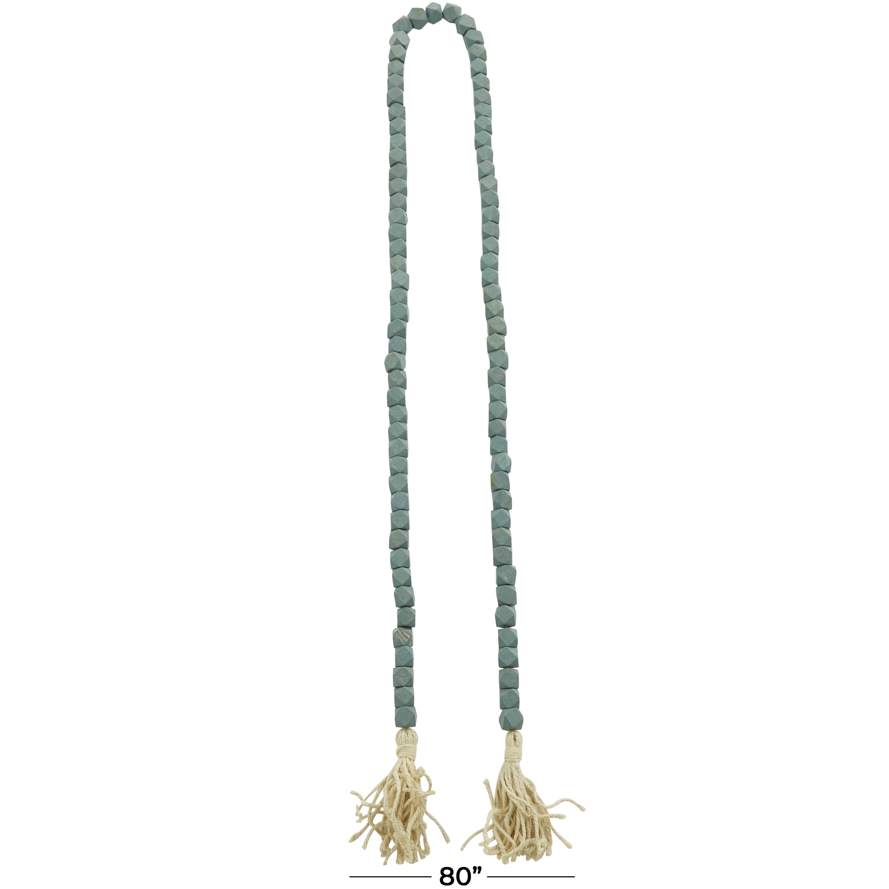 DecMode Blue Wood Bohemian Garland Décor with Geometric Bead Details and Cream Cotton Tassel, 80"L