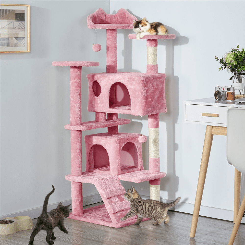 Alden Design 54.5" H Double Condo Cat Tree with Scratching Post Tower, Pink