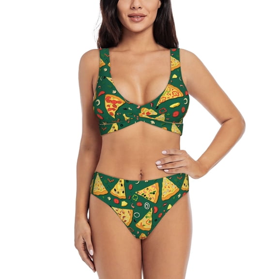 Honeii Pizza Print Women’s Bikini Set,Two Piece Swimsuit Bathing Suits,Stylish High Elasticity Swimwear for Beach and Pool