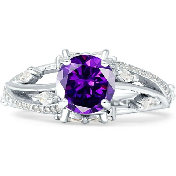 Round Split Shank Ring Amethyst Cubic Zirconia White Tone 925 Sterling Silver, Size 5