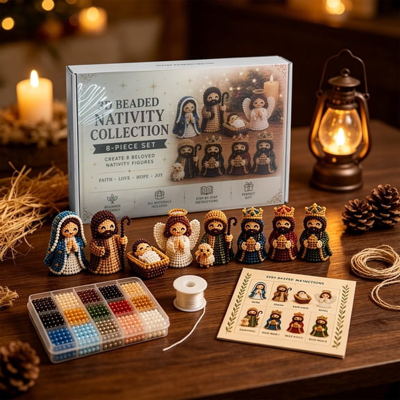 8-Piece 3D Beaded Nativity Collection Diy Kit for Adults, Complete Christian Christmas Craft Set with Organizer Box and Instructions, Desk Decor