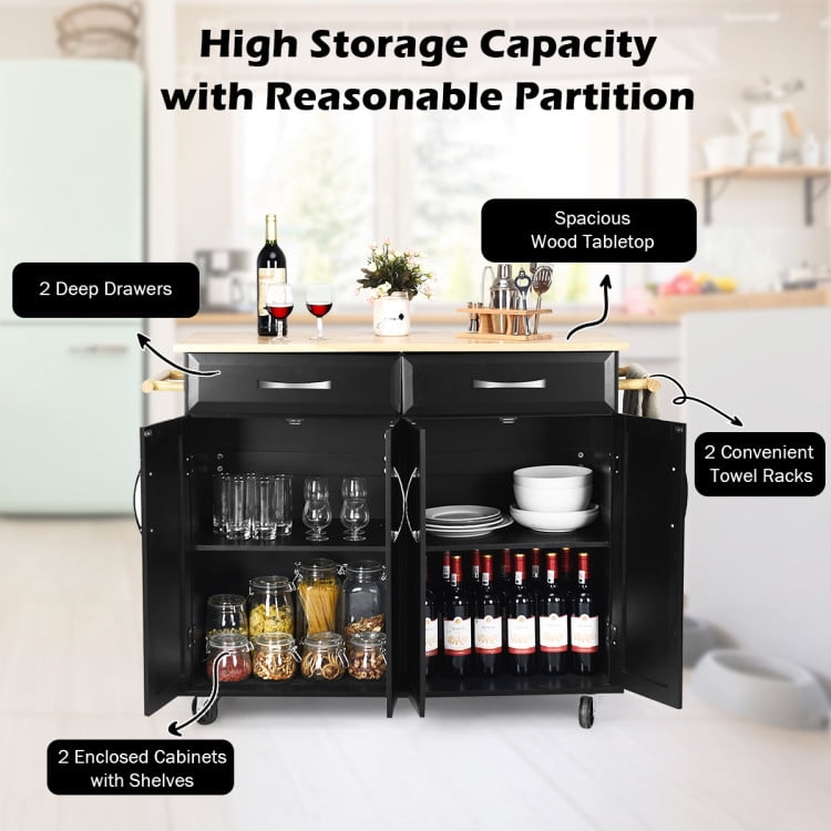 Finihen Rolling Storage Cabinet Cart, Kitchen Island Cart, Wood Top Rolling Kitchen Trolley Island Cart Storage Cabinet, for Kitchen, Dining Room, Black Finihen Rolling Storage Cabinet Cart, Kitchen Island Cart, Wood Top Rolling Kitchen Trolley Island Cart Storage Cabinet, for Kitchen, Dining Room, Black
