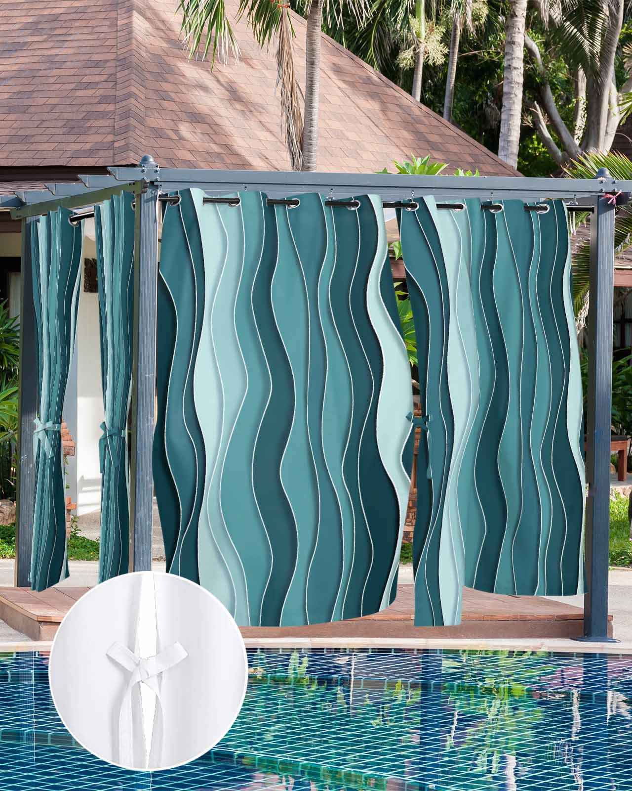 nqOlkjepod Outdoor Curtains for Patio Waterproof, Turquoise Ombre Outdoor Privacy Panels Grommet, Abstract Art Moire Ocean Waves Blackout Outside Curtains for Porch/Cabana/Pergola 54"x95", 2 Panels