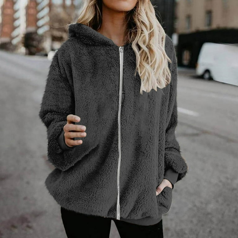 Bcresic Clearance Womens Sherpa Jacket Fuzzy Zip Up Hoodie Oversized Fleece Jackets Fluffy Coat Faux Fur Winter Warm Sweatshirt Hoodies 2024 with Pocket Dark Gray M Walmart