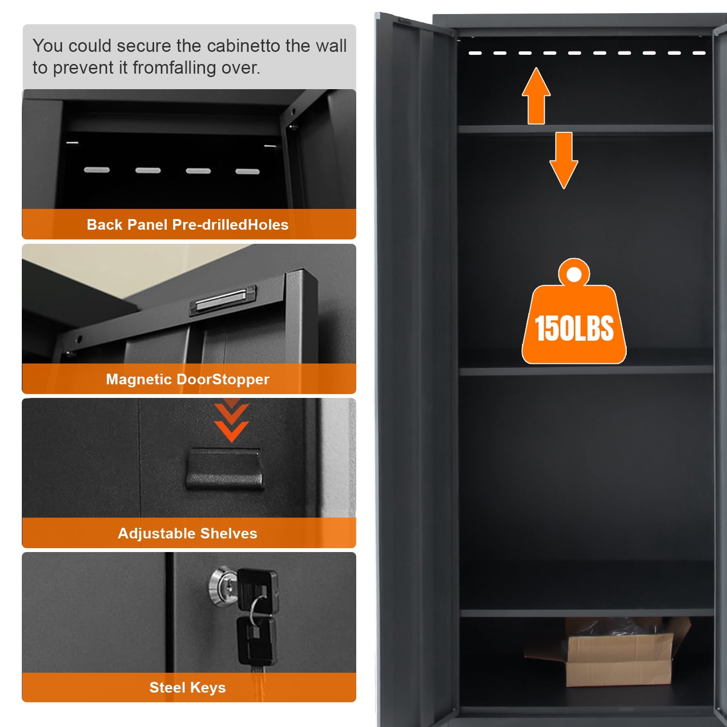 HPDMC 9-Piece Garage Shop Tool Storage Cabinet Set with Pegboard and Wooden Work Top 24 Gauge Steel Tool Chests & Garage Mounted Storage Systems - Black+Gray