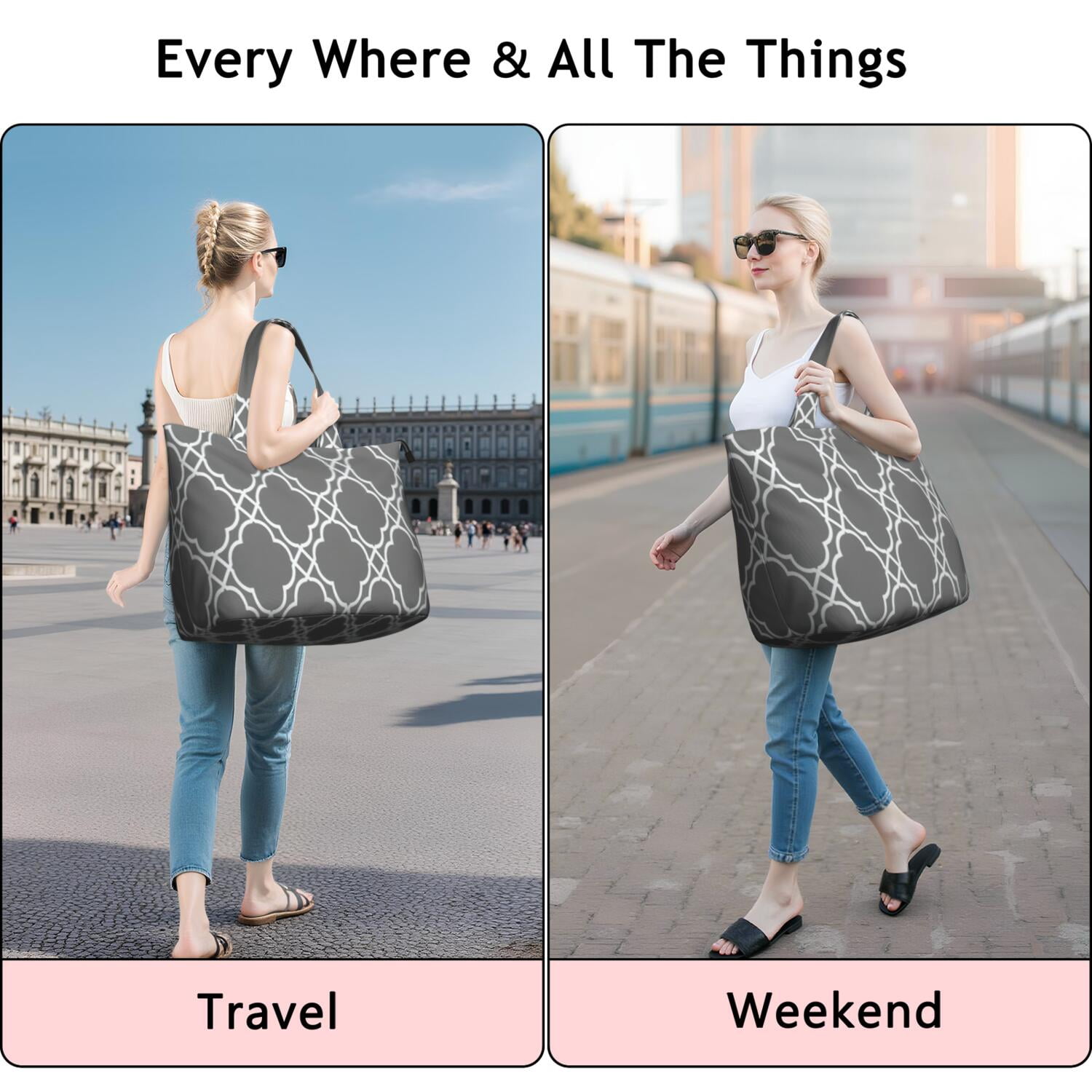 Gray Geometric Pattern Travel Tote Bags for Women Carry On,Large Weekender Bags for Women Travel,Multi Functional Duffle Bag for Work,Shopping,Sports