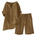 thumbnail image 6 of Linen Short Sets for Women 2 Piece Outfits Short Sleeve Button V Neck Shirts and Bermuda Short Sets Vacation Clothes Coffee M, 6 of 7