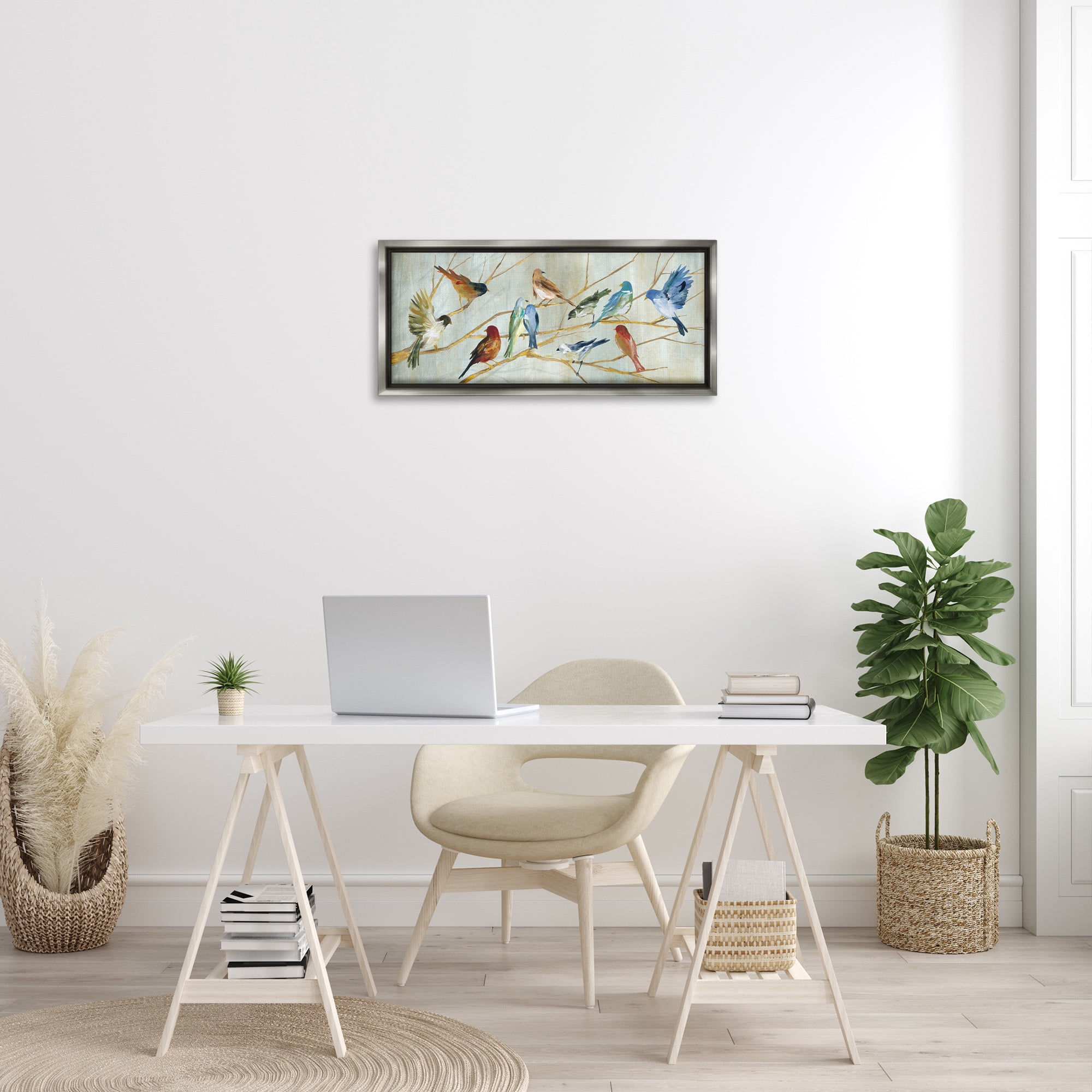 Stupell Industries Birds Resting Autumn Branches Animals & Insects Painting Gray Floater Framed Canvas Art Print Wall Art, 31 x 14