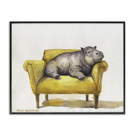 Stupell Industries Hippo on Yellow Chair Animals Painting Black Framed Art Print Wall Art, 14 x 11