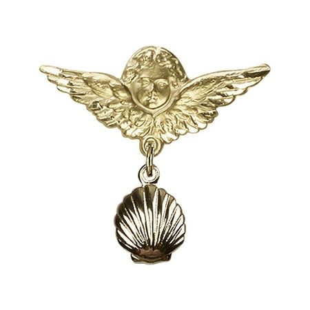 Shell Yellow Brooch - 14kt Yellow Gold Baby Badge with Shell Charm and Angel w/Wings Badge Pin 1 X 1 1/8 inches