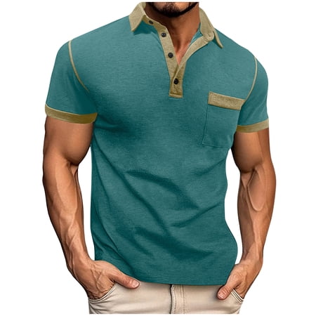 VSSSJ Men s Casual Short Sleeve Shirts Color Block Collared Button Lightweight T-Shirt Regular Fit Stylish Golf Shirt with Pocket Mint Green XXL