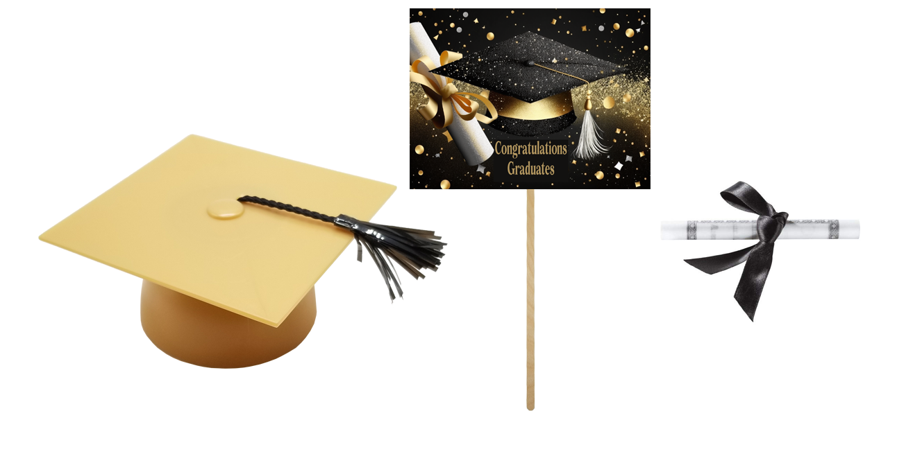 Smooth Gold Plastic Graduation Cap Cake Topper with Large Paper Diploma Cake Topper and One