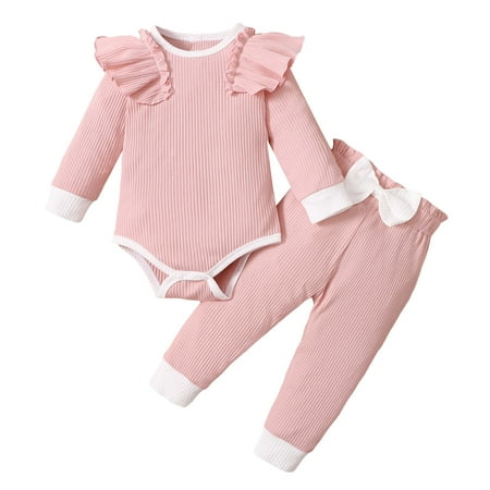 

Fouhkni Newborn Baby Girl Clothes Knit Long Sleeve Romper Pants 2 Piece Warm Fall Winter Outfits