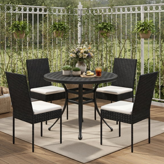 Resenkos 4-Piece PE Wicker Patio Chair Set with Off-White Cushions – Heavy-Duty Black Rattan Outdoor Chairs for Deck, Garden, Backyard & Porch